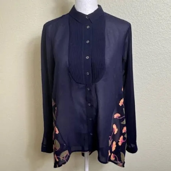 Anthropologie Tops - Maeve "Anthropologie" Blue Sheer Floral Side Back HiLo Long Sleeve Top Sz 10